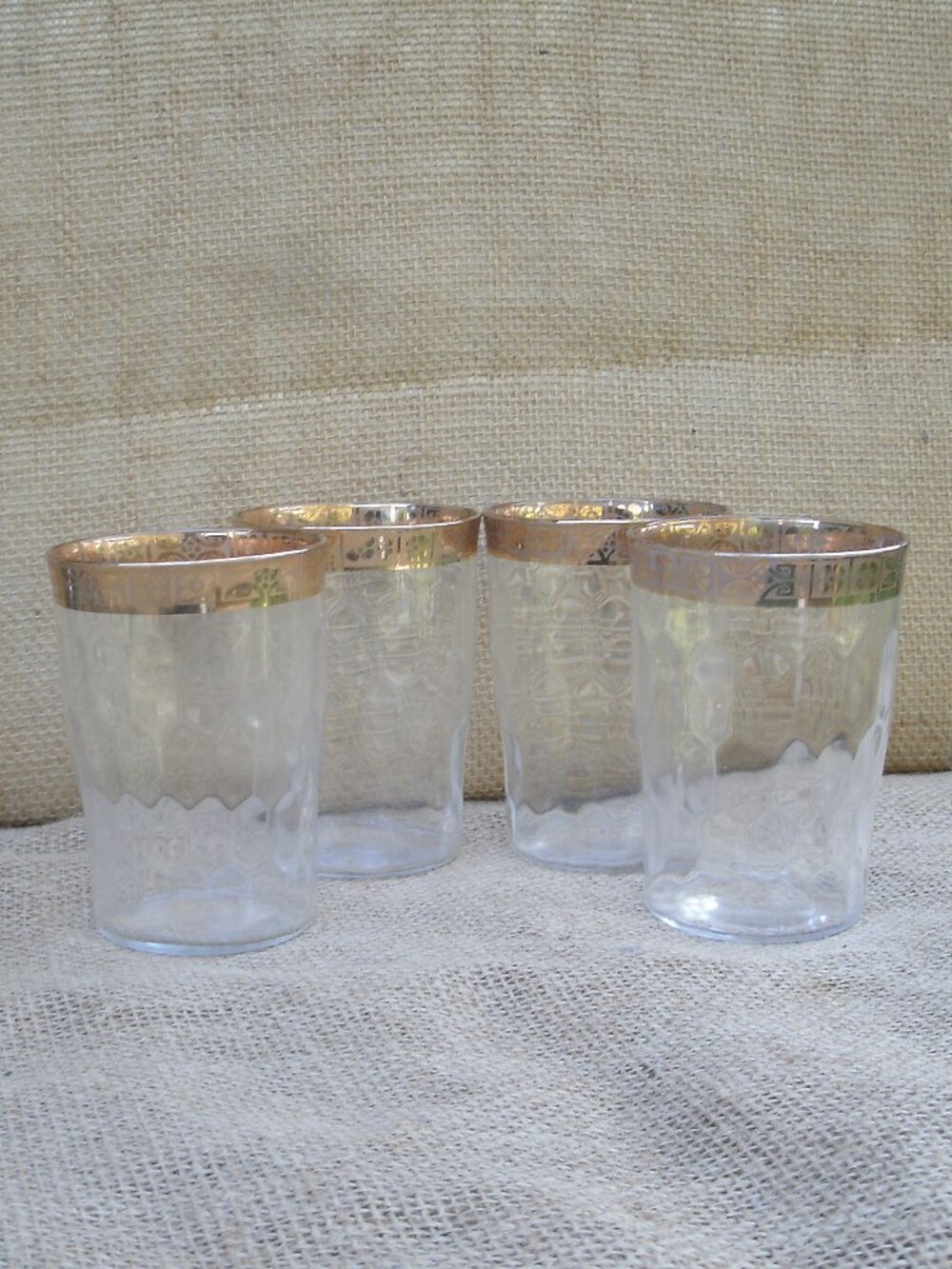 Vintage West Virginia Glass Optic 22K Gold Whiskey Glass Set of 4